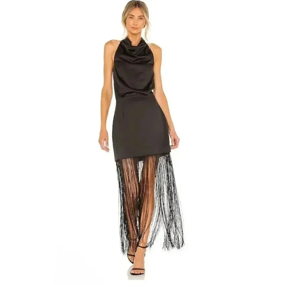 ELLIATT x Revolve Beatrice Halterneck Draped Neckline Fringe Black Dress Size S - Picture 2 of 16
